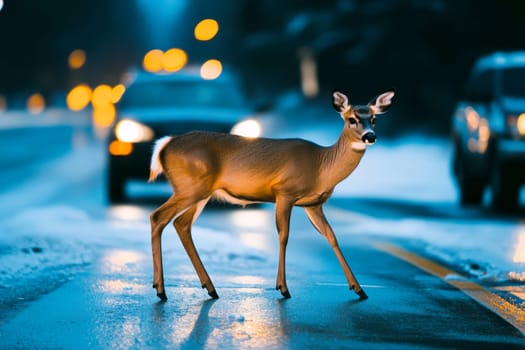 A large brown deer dashes across the road just ahead of an oncoming night car, depicting a near-miss accident in street The danger of hitting wildlife is evident..
