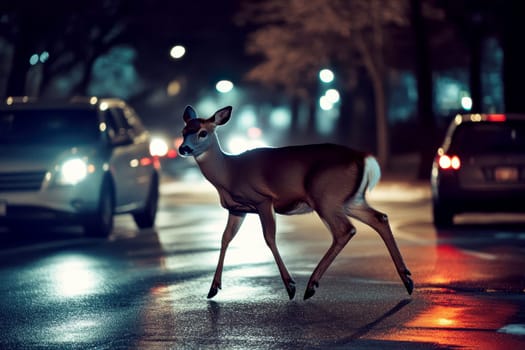 A large brown deer dashes across the road just ahead of an oncoming night car, depicting a near-miss accident in street The danger of hitting wildlife is evident..