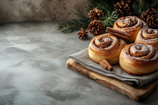 Freshly baked cinnamon buns on linen napkin with cozy background, traditional swedish sweet pastry kanelbulle..