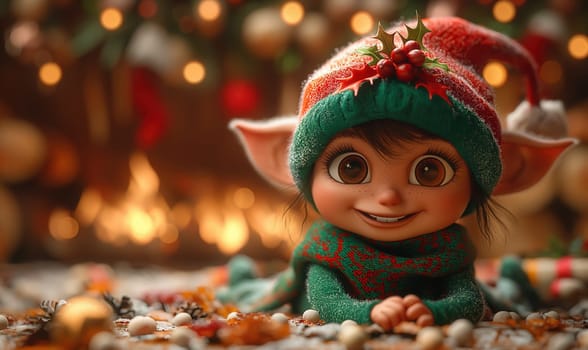 Cartoon little pixie celebrating christmas. Selective focus.