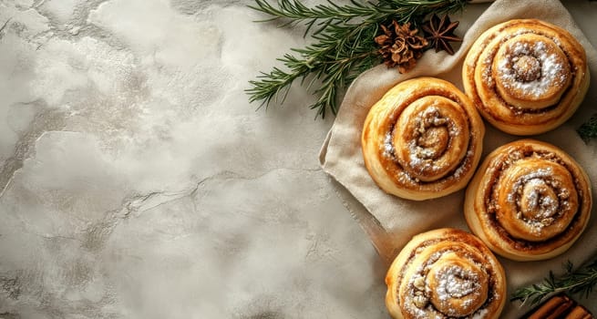 Freshly baked cinnamon buns on linen napkin with cozy background, traditional swedish sweet pastry kanelbulle..