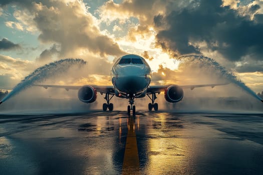 Welcome water salute at the airport. Fire trucks are ready to meet and wash the plane. Water rainbow. High quality illustration