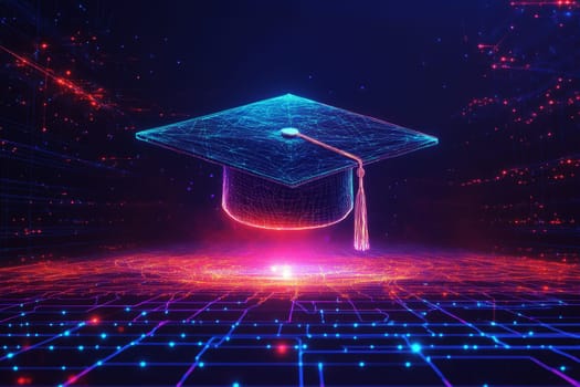 Abstract digital art of an open graduation cap made from glowing lines and dots, floating above a network grid on a dark blue background, power to shape your future through education..