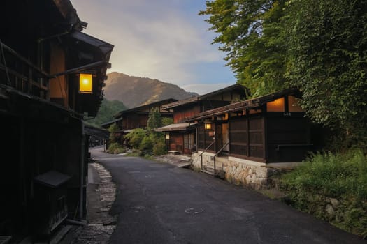 TSUMAGO, JAPAN - SEPTEMBER 20, 2024: The historic village of Tsumago at night in Gifu Prefecture near the town of Nakatsugawa in Japan