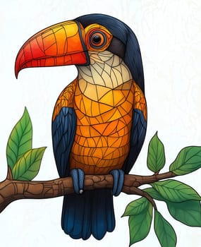 Illustration for children, colorful toucan on a white background. Selective focus.
