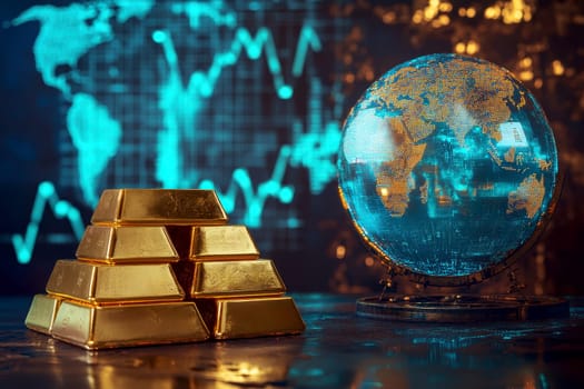 Golden globe with gold bars surrounding it, representing global investments..
