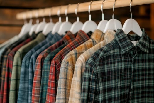 A row of plaid flannel shirts in various colors hanging on wooden hangers, creating a vibrant and organized display..