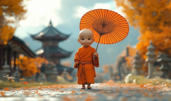 cartoon 3d asian child monk with umbrella. Selective focus.