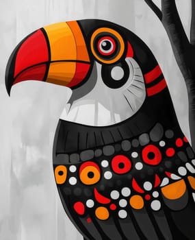 Illustration for children, colorful toucan on a gray background. Selective focus.