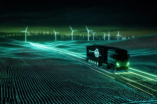 a high-tech truck cruises on a futuristic scene, illuminating the landscape with vibrant colors and showcasing scenic wind turbines..