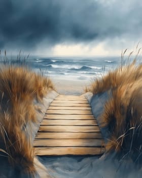 Watercolor, wooden path leading to the beach. Selective focus.
