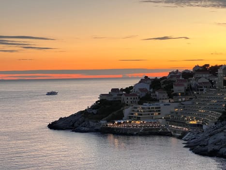 View of town at sunset from elevated position aerial, Cavtat on the Adriatic Sea, Cavtat, Dubrovnik Riviera, Croatia, Europe. High quality photo
