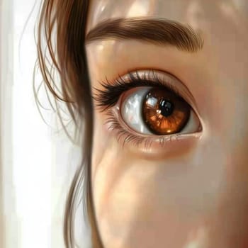 Close-up of half of the face of a young Korean girl. The rays of the morning sun fall on the face of a young girl. High quality photo