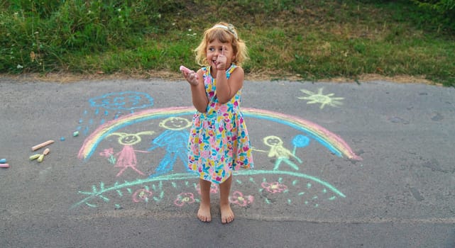 Children draw with chalk on the asphalt. Selective focus. kid.