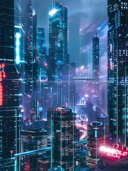 A vision of a neon-soaked urban dreamscape emerges under the night sky, with vivid signage and futuristic architecture defining its vibrant city life.