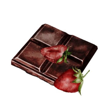 Chocolate bar watercolor. Hand drawn Dubai dark chocolate with strawberries on isolated white background. Clip art of sweet dessert. Ideal for logo and packaging of sweets, coffee shop menu and recipes. High quality illustration