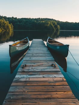 The first light of dawn illuminates a pair of canoes on a tranquil lake, mirroring the beauty of a serene morning on a wooden pier