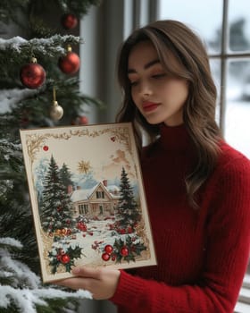 Vintage style Christmas card with a Christmas tree near a house.