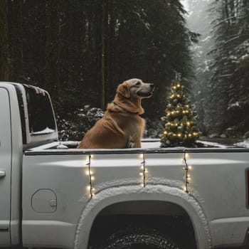 A Labrador sits in the back of a pickup truck decorated with a garland and coniferous branches in winter. High quality photo
