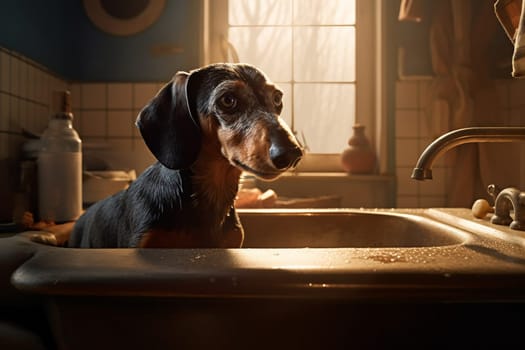 Cute dachshund dog bathes in the bath. High quality photo