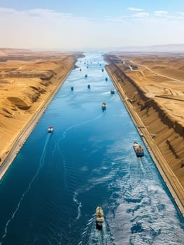 A sweeping aerial view captures the strategic commercial route of a canal, busy with the transit of various cargo ships