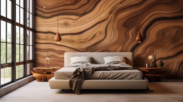 Bedroom interior. Shade of the bedroom wall with the illusion of solid wood. Solving the environmental problem of deforestation. Replacement of natural building materials with alternative ones.
