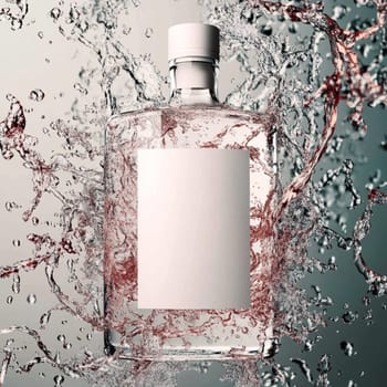 Pink gin bottle is standing in water with red ribbons flying around it and water splashing. The background is light grey