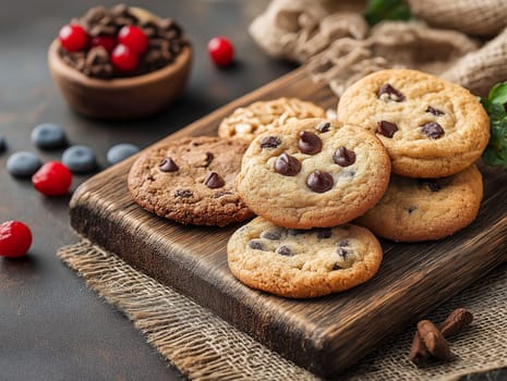 A tempting assortment of chocolate chip cookies displayed on a rustic wooden board, surrounded by fresh berries and nuts, evoking a cozy and sweet atmosphere.