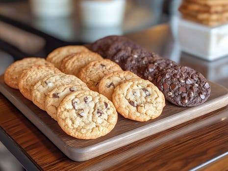 A mouth-watering assortment of chocolate chip cookies, both classic and chocolate, arranged on a wooden tray. Perfect for dessert, snack times, or sharing moments.