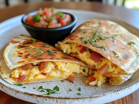 Close-up of a mouthwatering scrambled egg quesadilla filled with melted cheese and tomatoes, served with a bowl of fresh salsa on a rustic plate. Perfect for breakfast or brunch.