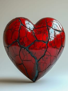 A 3D-rendered cracked red heart representing themes of heartbreak, emotional fragility, and vulnerability. The intricate texture and vivid color convey intense feelings and dramatic visual impact.