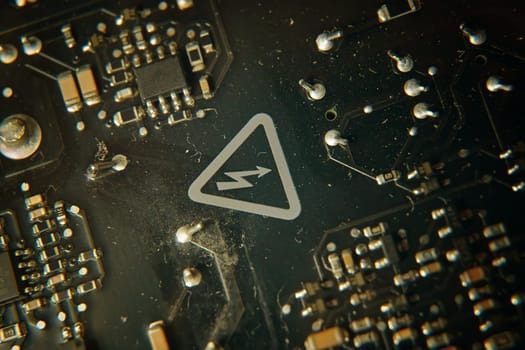 A detailed and closeup view of a circuit board showing a prominent warning symbol, emphasizing technology and safety