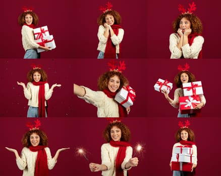 A cheerful lady celebrates the holiday season, surrounded by wrapped presents while wearing a festive sweater and scarf. Joyful expressions light up the festive atmosphere.