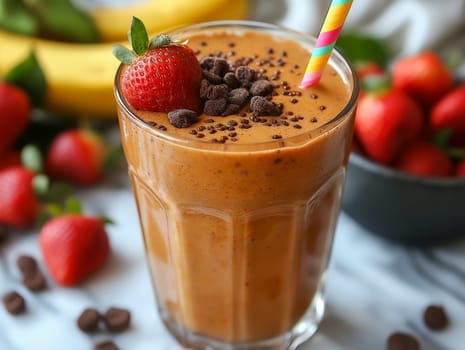 A glass of smoothie with strawberries and chocolate chips on top. The smoothie is in a glass with a straw in it