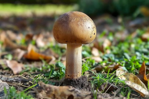 A mushroom is sitting on the ground in a grassy area. The mushroom is brown and he is small