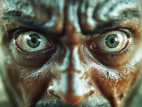 A man with green eyes and a scowl on his face. The eyes are wide open and the man's face is red