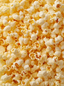 A close up of a large pile of popcorn. The popcorn is yellow and white and has a lot of white kernels