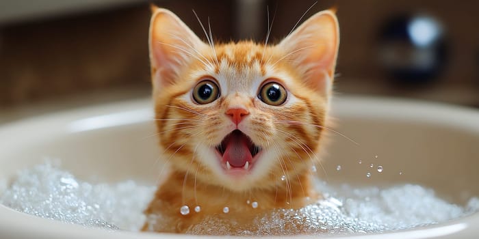A kitten is in a bathtub with bubbles. The kitten is making a funny face and he is enjoying the bath