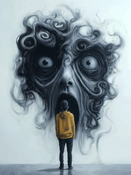 A man stands in front of a large, scary face. The man is wearing a yellow hoodie and he is looking at the face with fear. Concept of horror and unease
