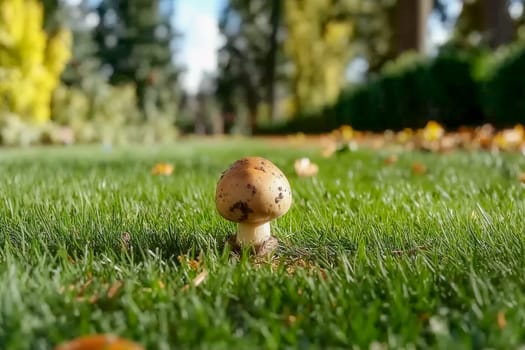A mushroom is sitting on the grass in a park. The mushroom is brown and has a small cap. The grass is green and the sky is blue