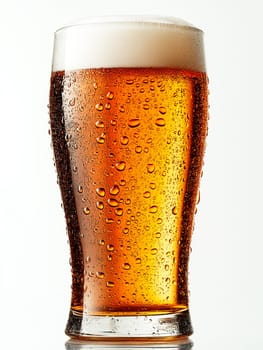 A glass of beer with condensation on the side. The condensation are droplets of water that have formed on the outside of the glass. The glass is tall and narrow, with a wide base