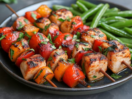 A plate of grilled chicken and vegetables with a side of green beans. The dish is colorful and appetizing, with the vegetables adding a pop of color to the plate. The grilled chicken is tender