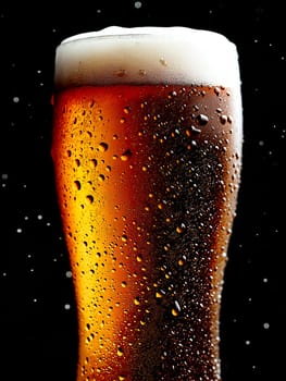 A glass of beer with condensation on the side. The condensation are dripping down the side of the glass, creating a sense of movement and action. The image conveys a feeling of relaxation