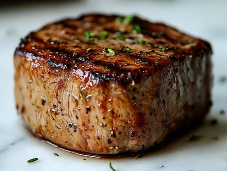 A piece of meat with black pepper and herbs on top. The meat is cooked and has a nice sear
