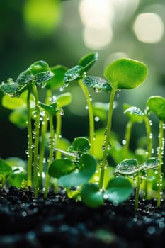 Fresh beginnings: green sprouts symbolizing growth, renewal, representing beauty of nature resilience, promise of new life as they emerge from the earth, vibrant, full of potential