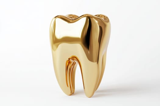 3D rendering of a golden tooth. The tooth is shiny and reflective, and it is set against a white background..