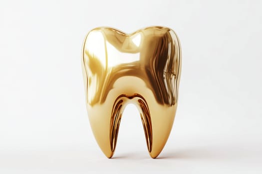 3D rendering of a golden tooth. The tooth is shiny and reflective, and it is set against a white background. High quality illustration