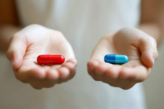 A woman holds two pills in opposite hands, one blue and the other red, symbolizing a choice between different paths. Concept of duality between the unknown and security..