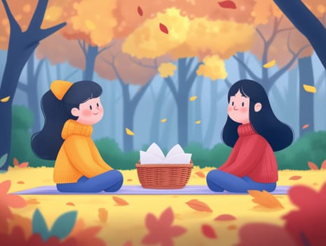Adorable illustration of two friends sitting across from each other with a picnic basket on a blanket, surrounded by vibrant autumn foliage in a peaceful forest.