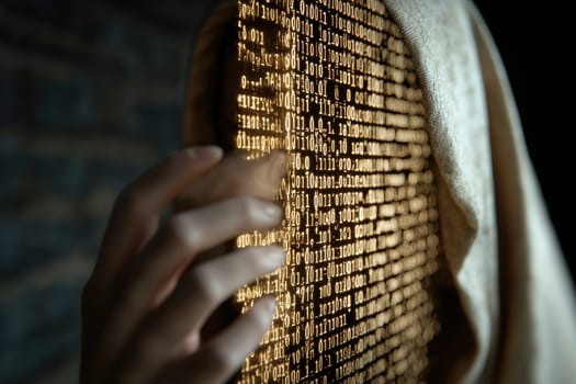 Anonymous coder: hacker dismantling binary barriers while cloaked in hoodie, embodying mystique of underground tech culture, challenging systems with skillful precision, stealth in digital realm